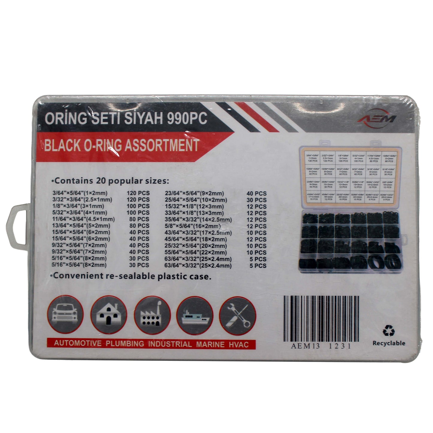 20 Farklı Ölçü O-Ring Assortment Kit