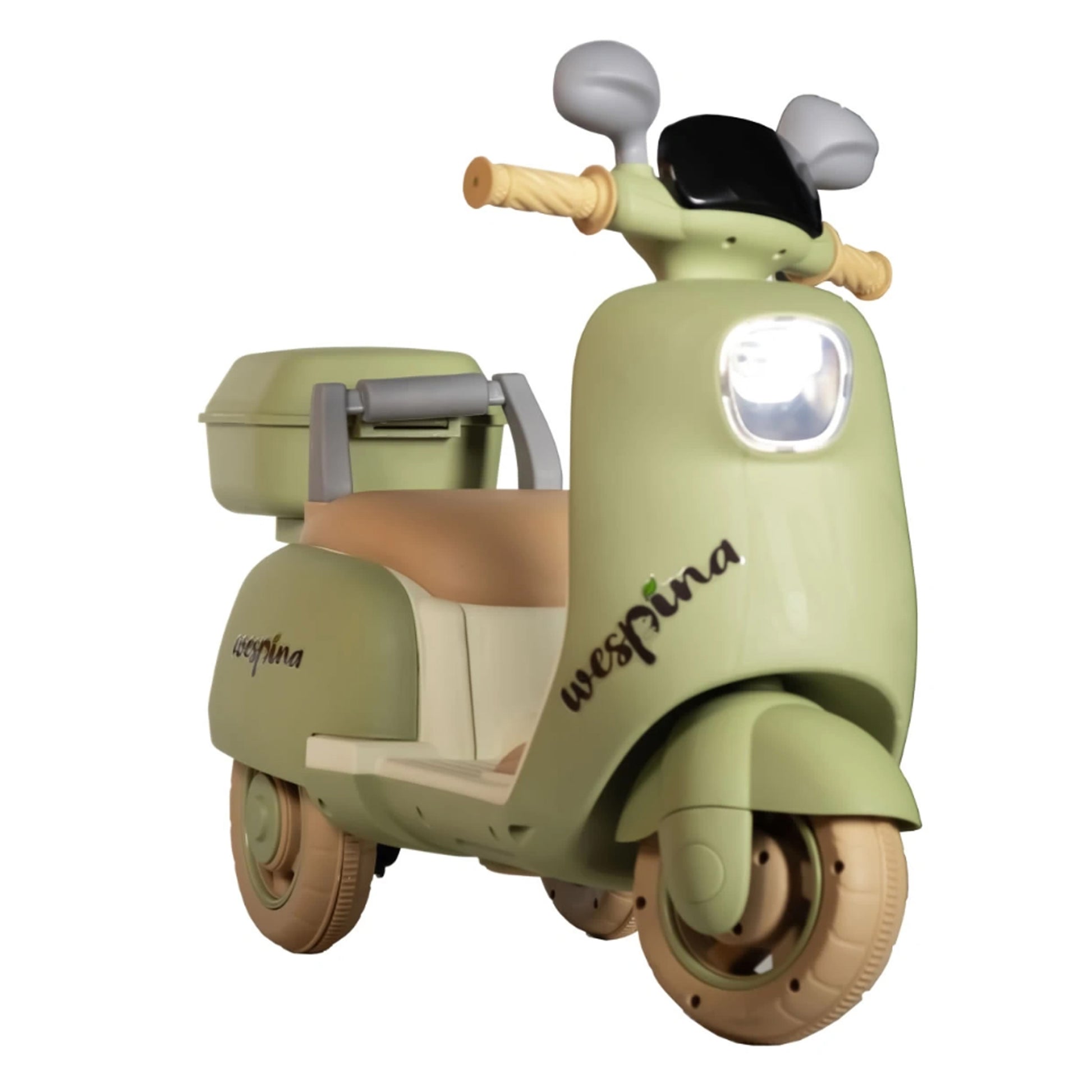 12v akülü motor, 12 volt çocuk motoru, müzikli akülü motor, ışıklı akülü motor, vespa tarzı akülü yeşil motor, nostaljik çocuk motoru, vintage akülü motor, çift motorlu akülü motor